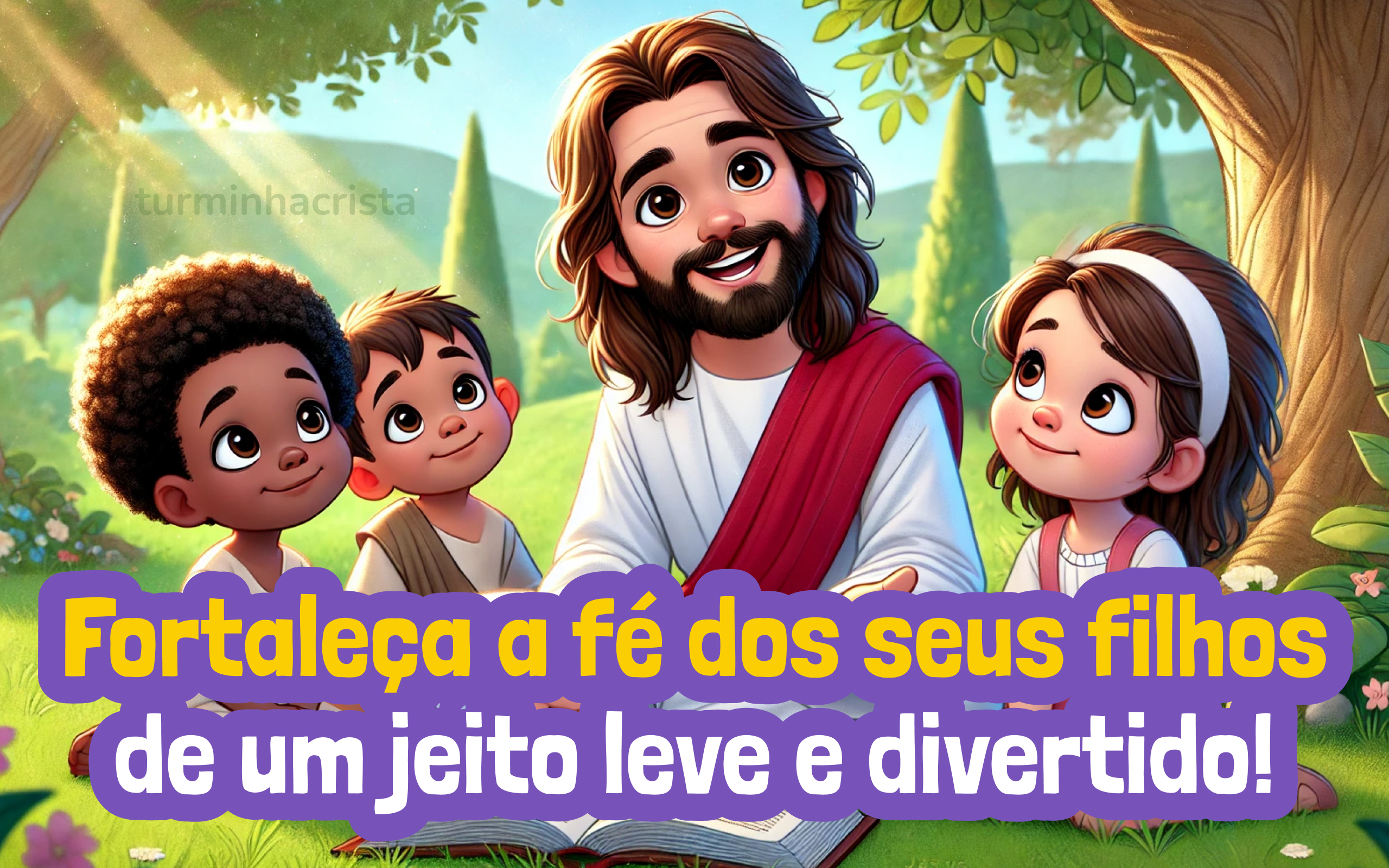 Ilustração infantil de Jesus com crianças no banner da Turminha Cristã sobre fortalecer a fé dos filhos.