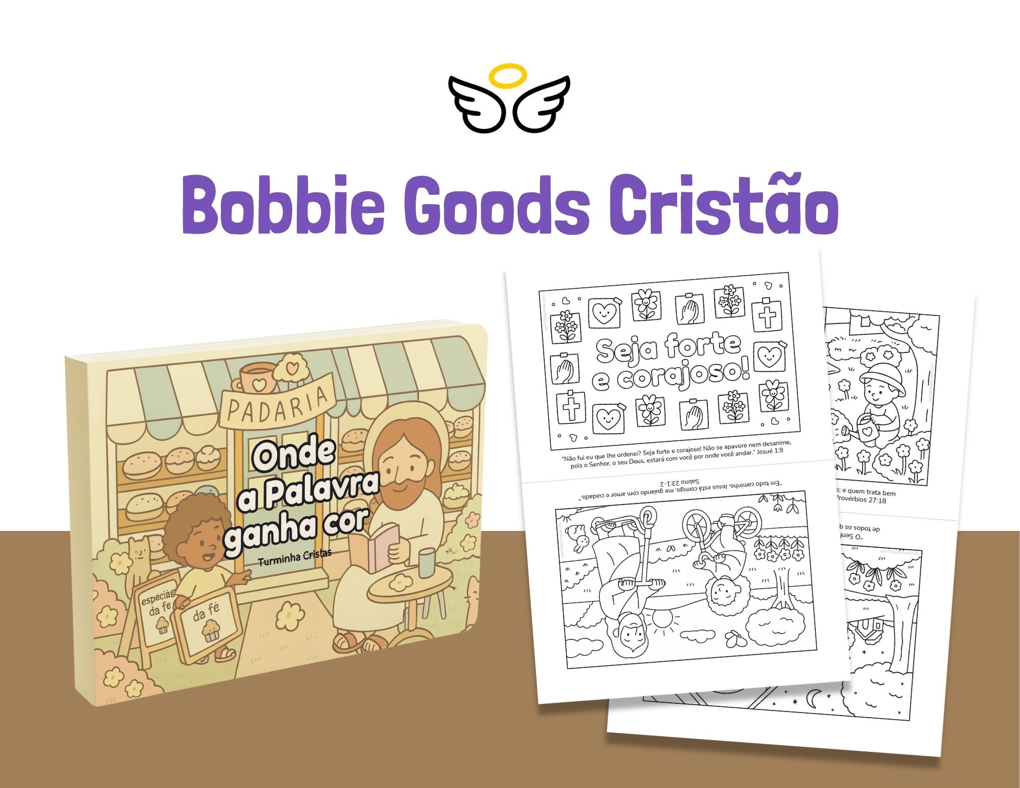 Mockup do Boobie Goods Cristão com páginas bíblicas para colorir e versículos.