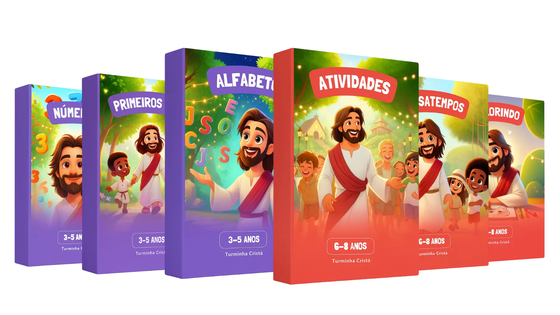 Imagem em 3D dos boxes digitais da Turminha Cristã com packs de atividades bíblicas para crianças de 3 a 8 anos, incluindo números, primeiros passos, alfabeto, atividades e passatempos.