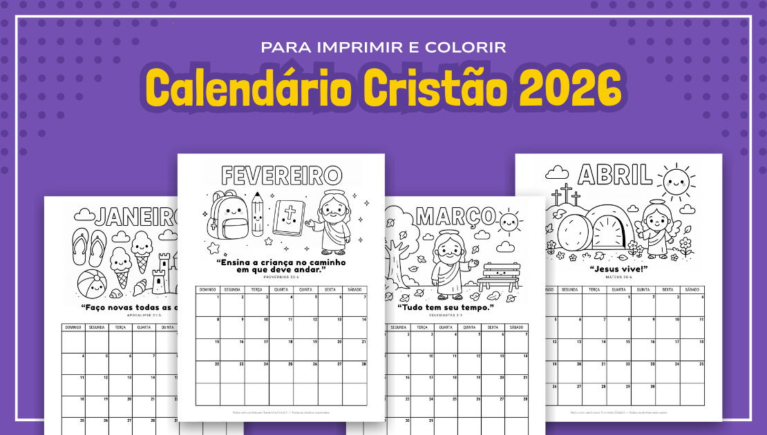 Calendário Cristão 2026 para imprimir com desenhos bíblicos infantis para colorir