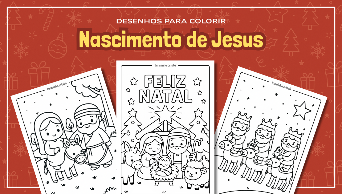 Banner com 6 desenhos para colorir do Nascimento de Jesus.